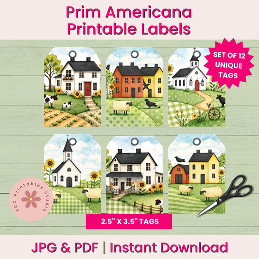 Set of Prim Americana printable labels with houses and farm elements on a green wooden background.