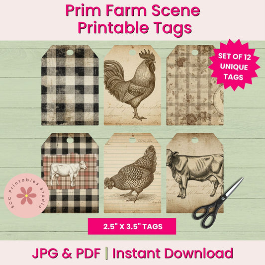 Set of Prim Farm Scene Printable Tags with animals and checkered patterns on a green wooden background.
