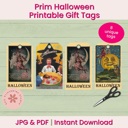Promotional graphic for printable Halloween gift tags, showing four sample tag designs with spooky illustrations and text, plus a pair of scissors and a pink badge reading '8 unique tags.'.