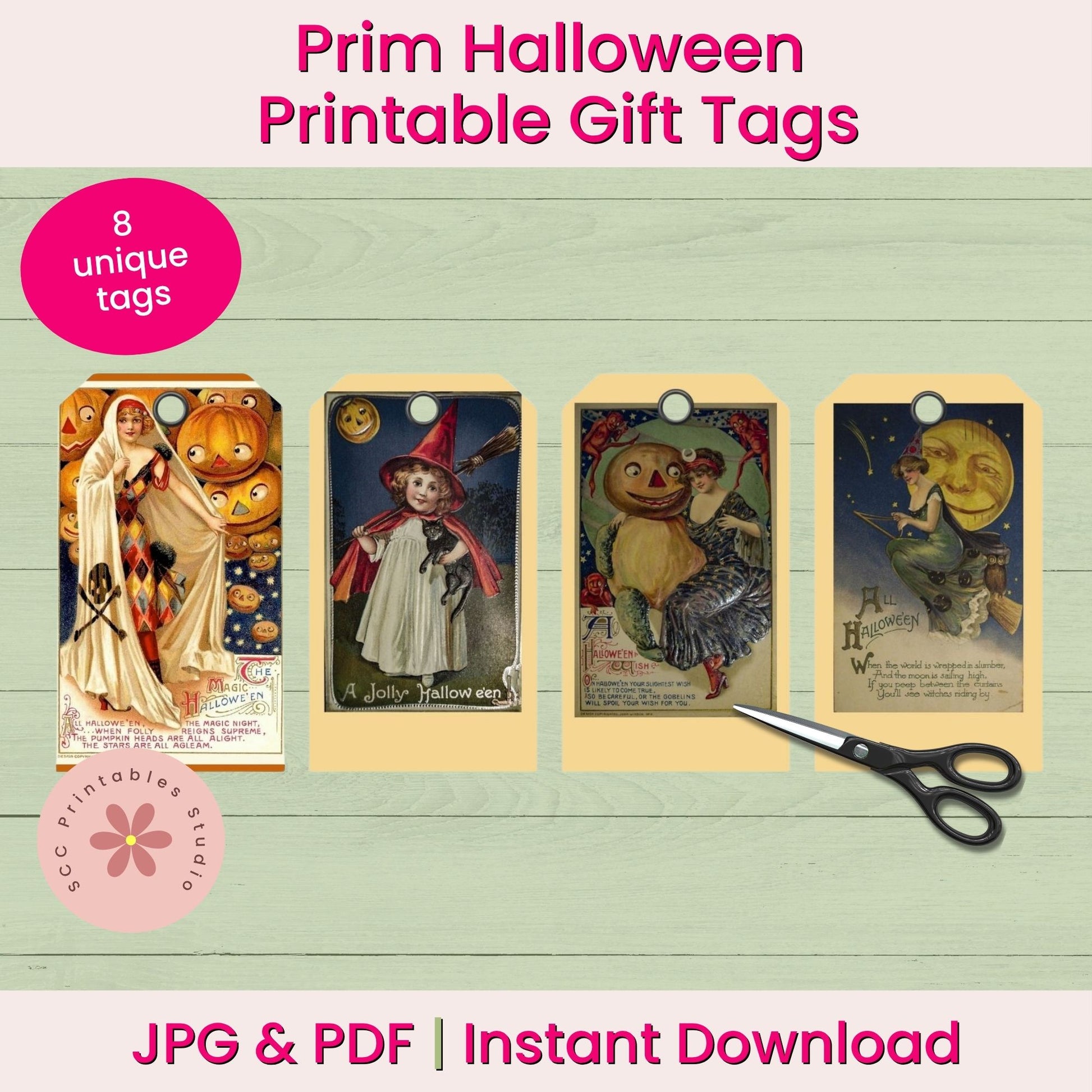 Promotional graphic for printable Halloween gift tags, showing four vintage-style tag designs with witch, pumpkin, and moon illustrations. Text reads 'Prim Halloween Printable Gift Tags,' '8 unique tags,' 'JPG & PDF | Instant Download,' and includes scissors and a pink logo badge on a pale wood background.