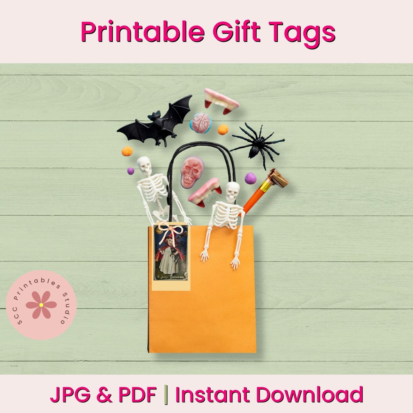 Digital preview for printable Halloween gift tags, showing an orange paper bag with skeleton figures and spooky props popping out, under the text 'Printable Gift Tags' and 'JPG & PDF | Instant Download'.