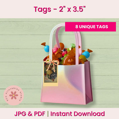 Digital listing graphic for printable tags, showing a pink and lavender gradient gift bag filled with candy and autumn treats, with a decorative hanging tag. Text reads 'Tags - 2" x 3.
