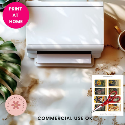 A white desktop printer shown from above on a marble-like surface with decorative leaves, a coffee cup, and a small sample print sheet. Text overlays read 'PRINT AT HOME' and 'COMMERCIAL USE OK', with a circular 'SCC Printables Studio' logo.
