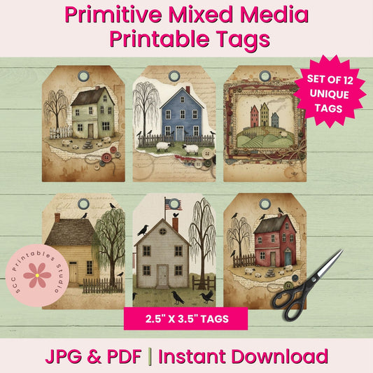 Primitive Mixed Media Printable Tags with houses and trees on a wooden background, scissors included.