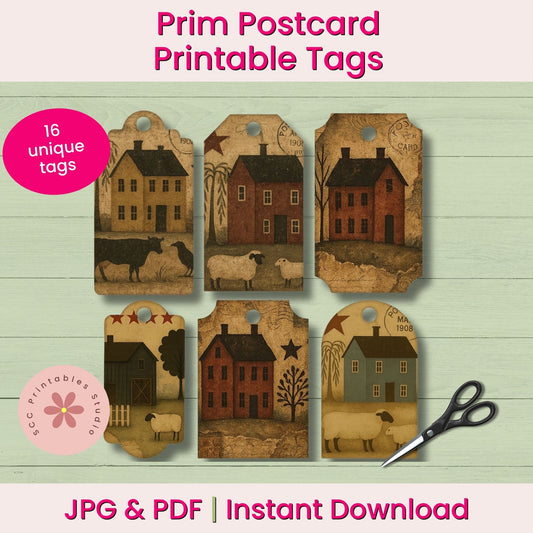 Set of Prim Postcard Printable Tags with houses and animals on a wooden surface, scissors included.