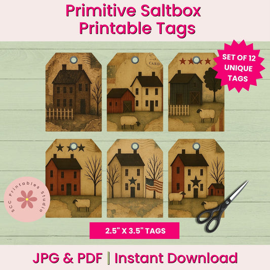 Primitive Saltbox Printable Tags with house illustrations on a wooden background