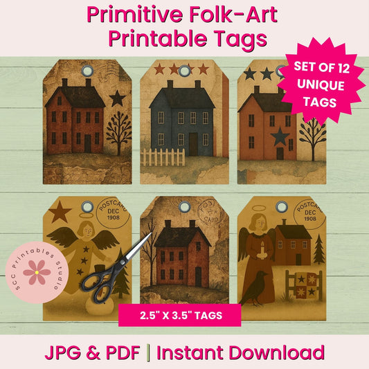 Primitive Folk-Art Printable Tags with houses and text on a wooden background