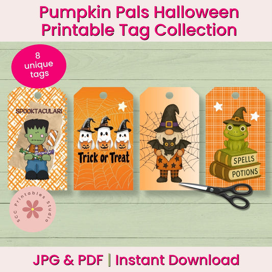 Halloween printable tag collection with cartoon characters on a wooden background