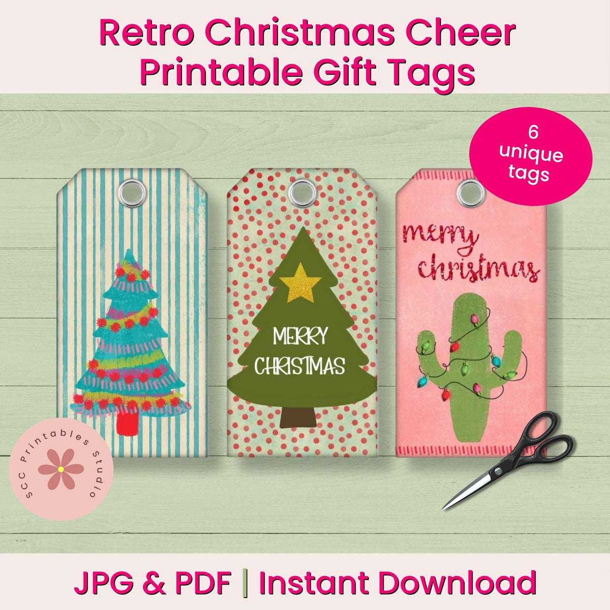 Retro Christmas cheer printable gift tags shown as a digital download listing. The image features three sample tags with festive designs: a blue and white striped tag with a colorful Christmas tree, a pink polka-dot tag with a green Christmas tree and 'Merry Christmas' text, and a pink tag with a cactus wearing Christmas lights.