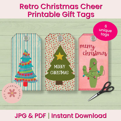Retro Christmas cheer printable gift tags shown as a digital download listing. The image features three sample tags with festive designs: a blue and white striped tag with a colorful Christmas tree, a pink polka-dot tag with a green Christmas tree and 'Merry Christmas' text, and a pink tag with a cactus wearing Christmas lights.