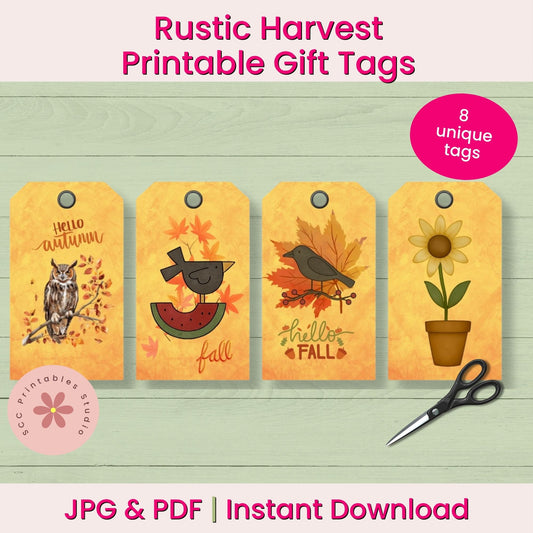 Rustic Harvest Printable Gift Tags with illustrations and text on a wooden background, accompanied by scissors.