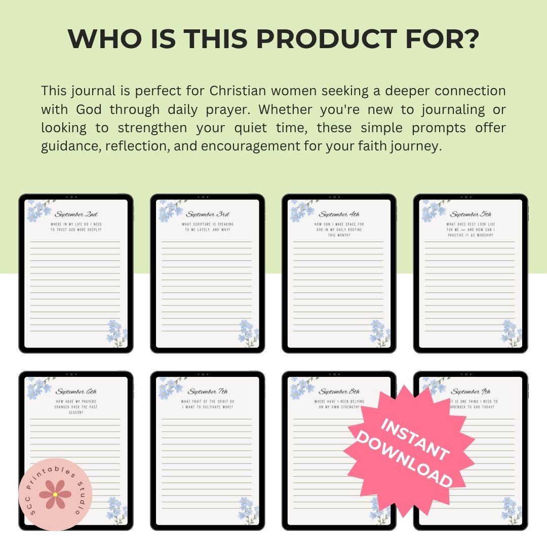 September Prayer Journal for Women – 30 Daily Prompts, Printable Faith Journal, Floral Christian PDF Download