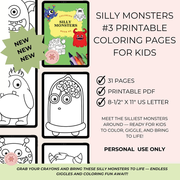 Promotional graphic for Silly Monsters coloring pages with text and monster illustrations.