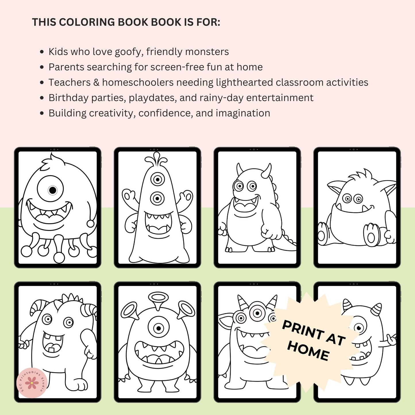 Promotional graphic for a coloring book with cartoon monsters, featuring text about target audiences.