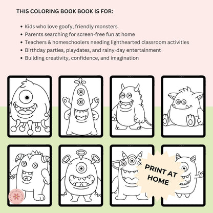Promotional graphic for a coloring book with cartoon monsters, featuring text about target audiences.
