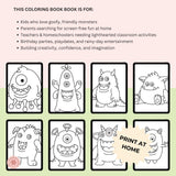 Promotional graphic for a coloring book with cartoon monsters, featuring text about target audiences.