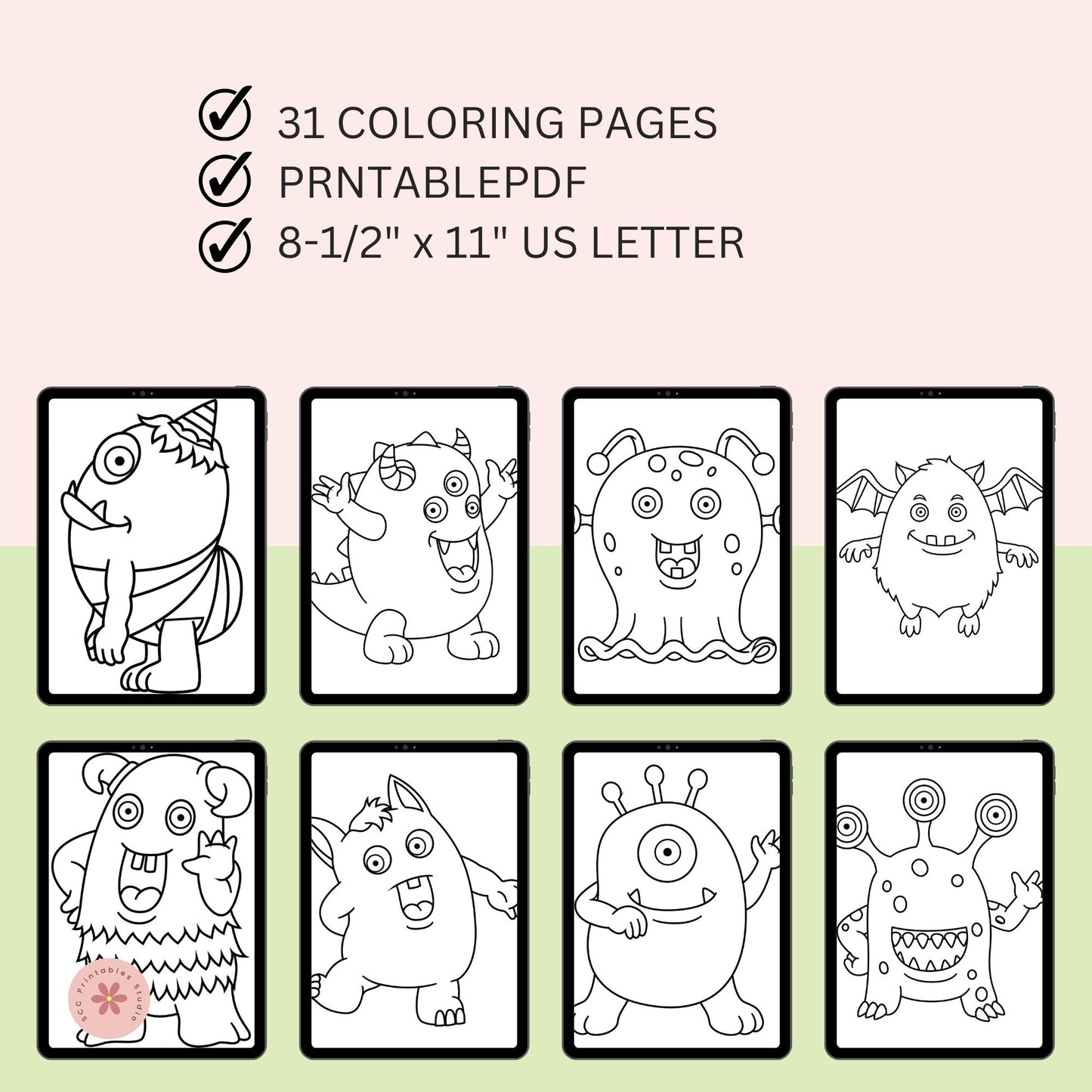Set of coloring pages with cartoon monsters on a gradient background