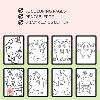Set of coloring pages with cartoon monsters on a gradient background