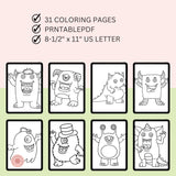 Coloring pages with cartoon monsters on a light pink and green gradient background.