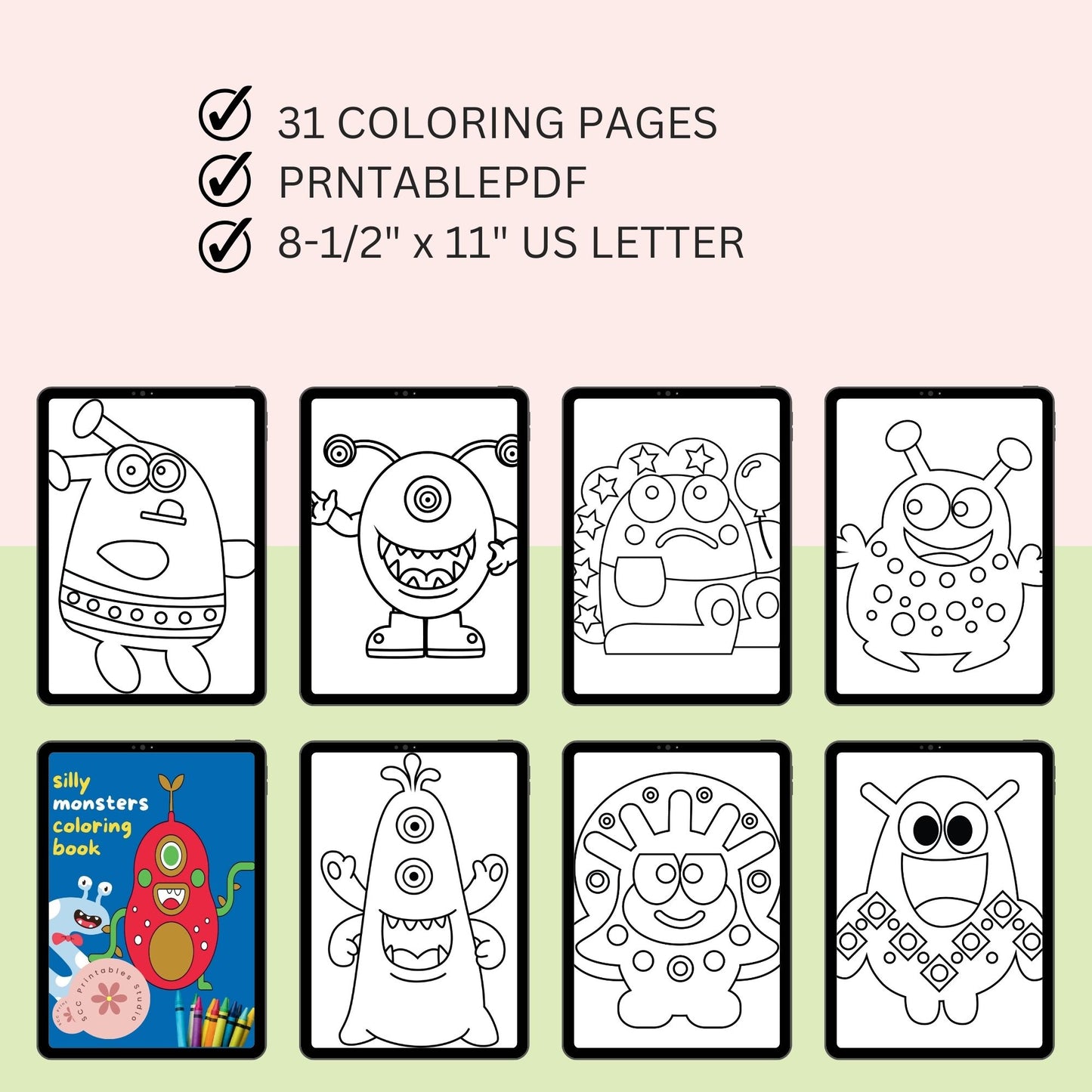 Silly monsters coloring book with 31 pages, 8-1/2" x 11" US Letter size, on a light pink background.