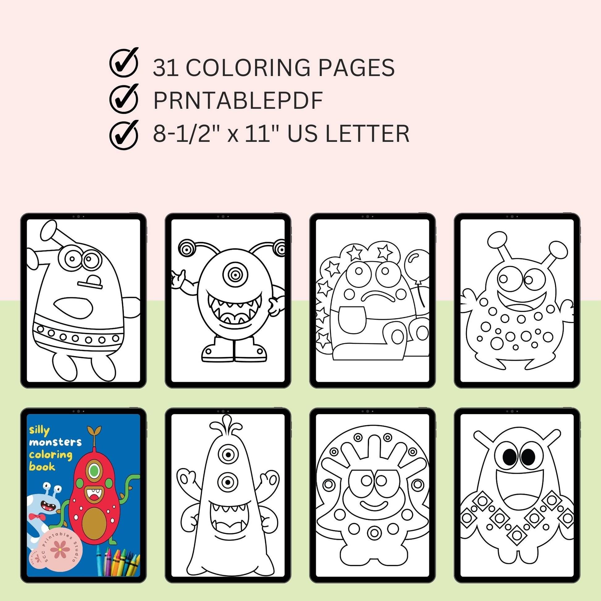 Silly monsters coloring book with 31 pages, 8-1/2" x 11" US Letter size, on a light pink background.