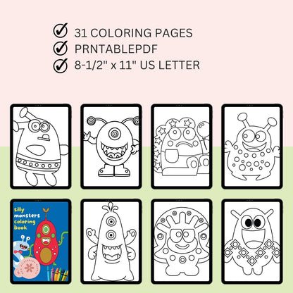 Silly monsters coloring book with 31 pages, 8-1/2" x 11" US Letter size, on a light pink background.