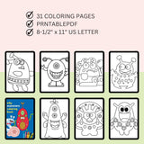Silly monsters coloring book with 31 pages, 8-1/2" x 11" US Letter size, on a light pink background.