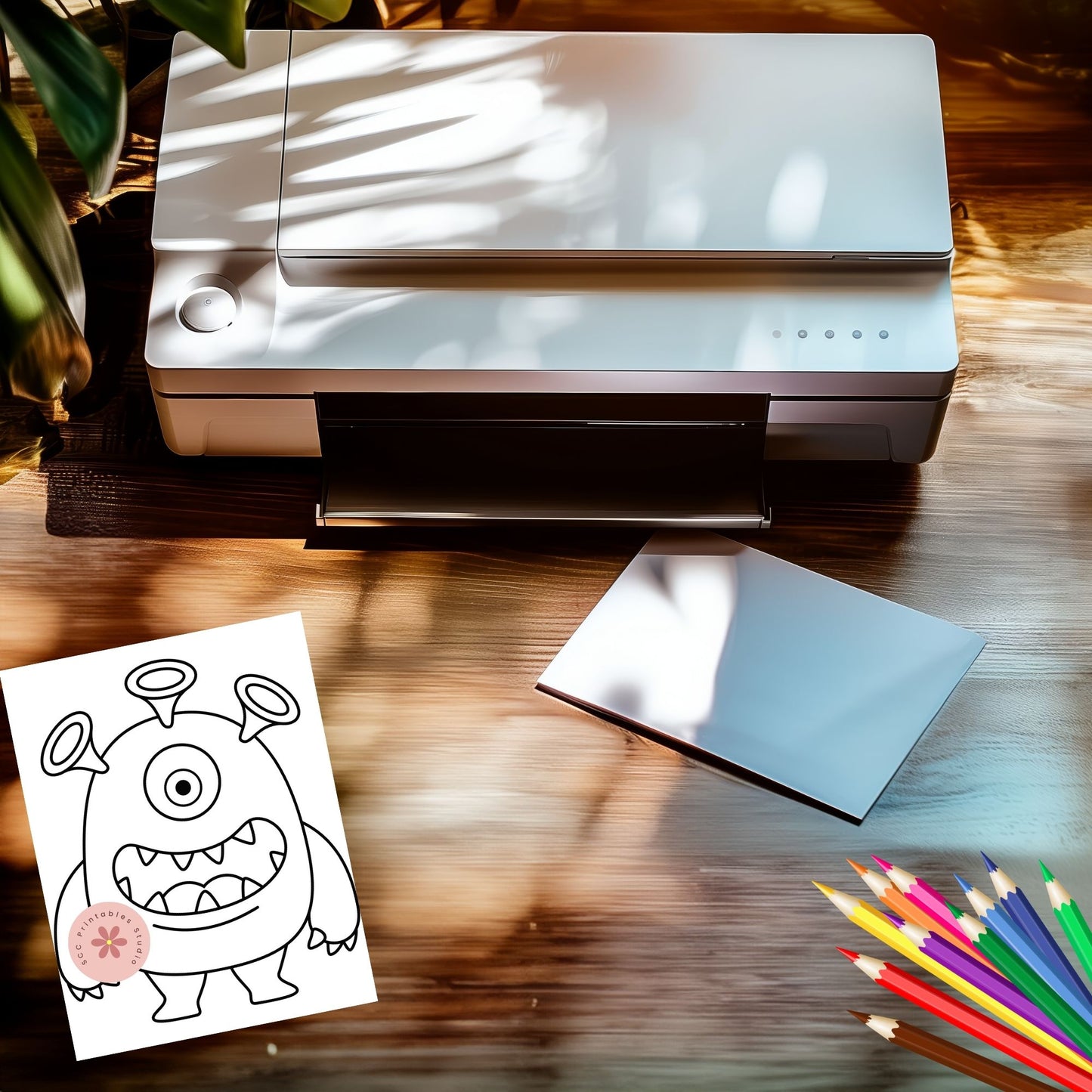 Coloring book page with a cartoon character next to a printer on a wooden surface.
