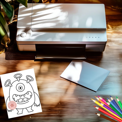 Coloring book page with a cartoon character next to a printer on a wooden surface.
