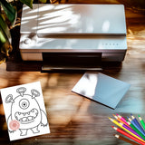 Coloring book page with a cartoon character next to a printer on a wooden surface.