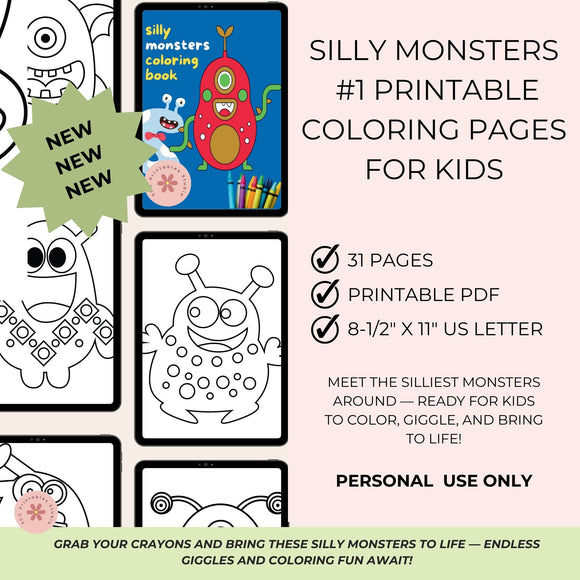 Promotional graphic for silly monsters coloring book with coloring pages and product details.
