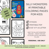 Promotional graphic for silly monsters coloring book with coloring pages and product details.