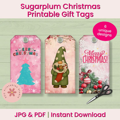 Promotional graphic for printable Christmas gift tags showing three sample tag designs: a pink tree design, a gnome holding a gingerbread cookie, and a holiday wreath design. Text reads 'Sugarpum Christmas Printable Gift Tags,' '6 unique designs,' and 'JPG & PDF | Instant Download.