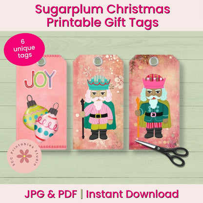 Digital preview of printable Christmas gift tags for the Sugarplum Christmas theme, showing three example tags with nutcracker and holiday designs, a pink circular badge reading '6 unique tags,' scissors, and text stating 'JPG & PDF | Instant Download.'.