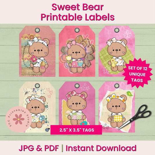 Set of sweet bear printable labels with various designs on a light green background.