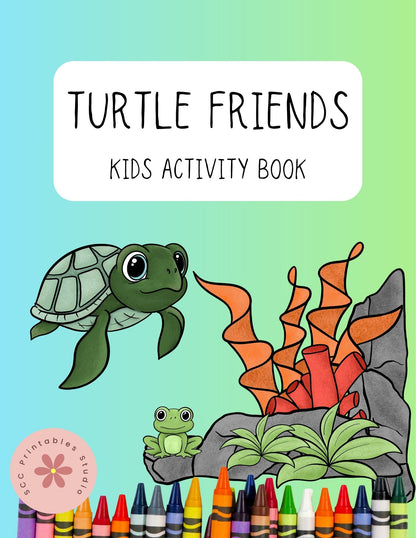 Children's activity book cover with a turtle and frog illustration and crayons on a gradient background.