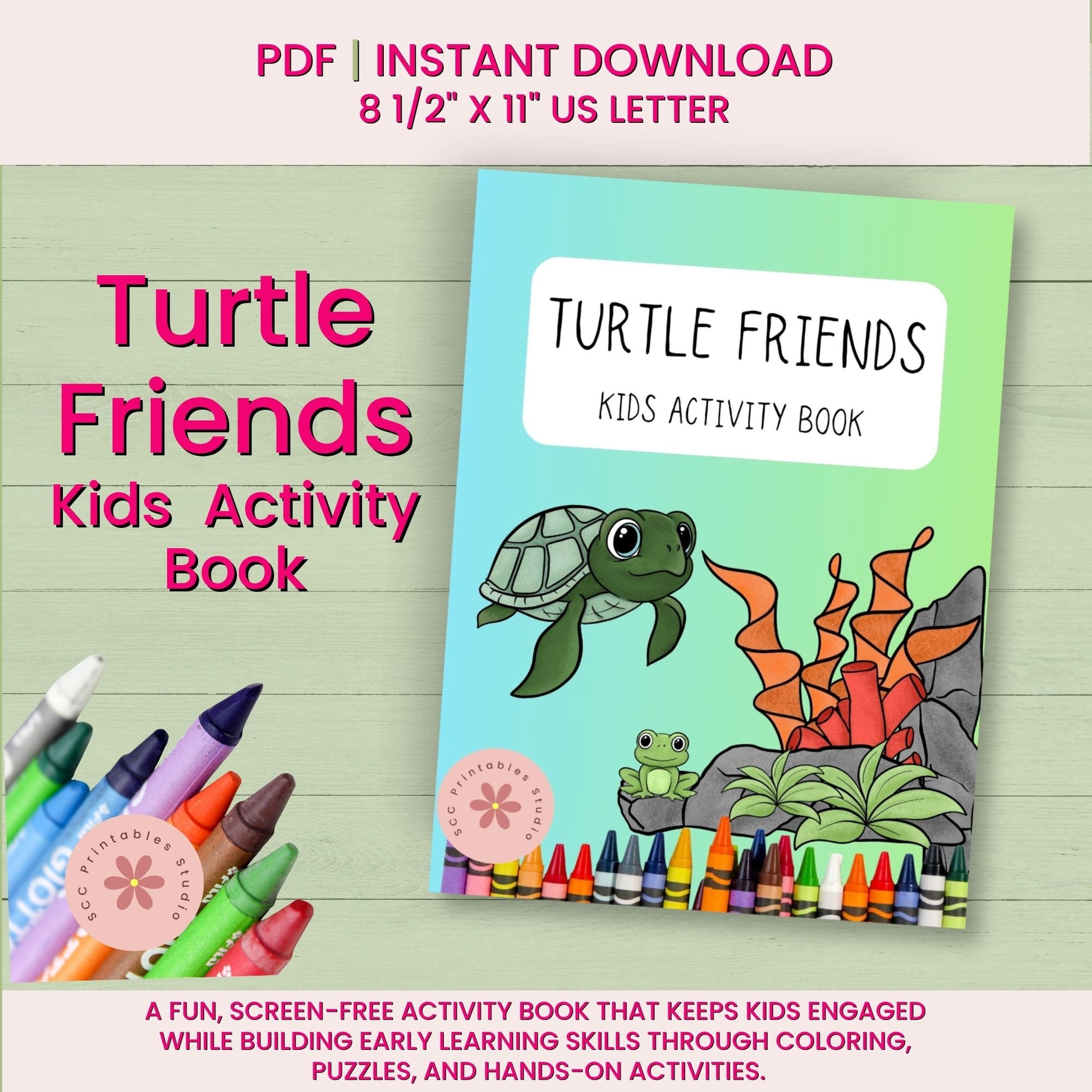 Turtle Friends Kids Activity Book with crayons on a wooden surface