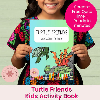 Child holding a 'Turtle Friends Kids Activity Book' with colorful crayons on a light green background.