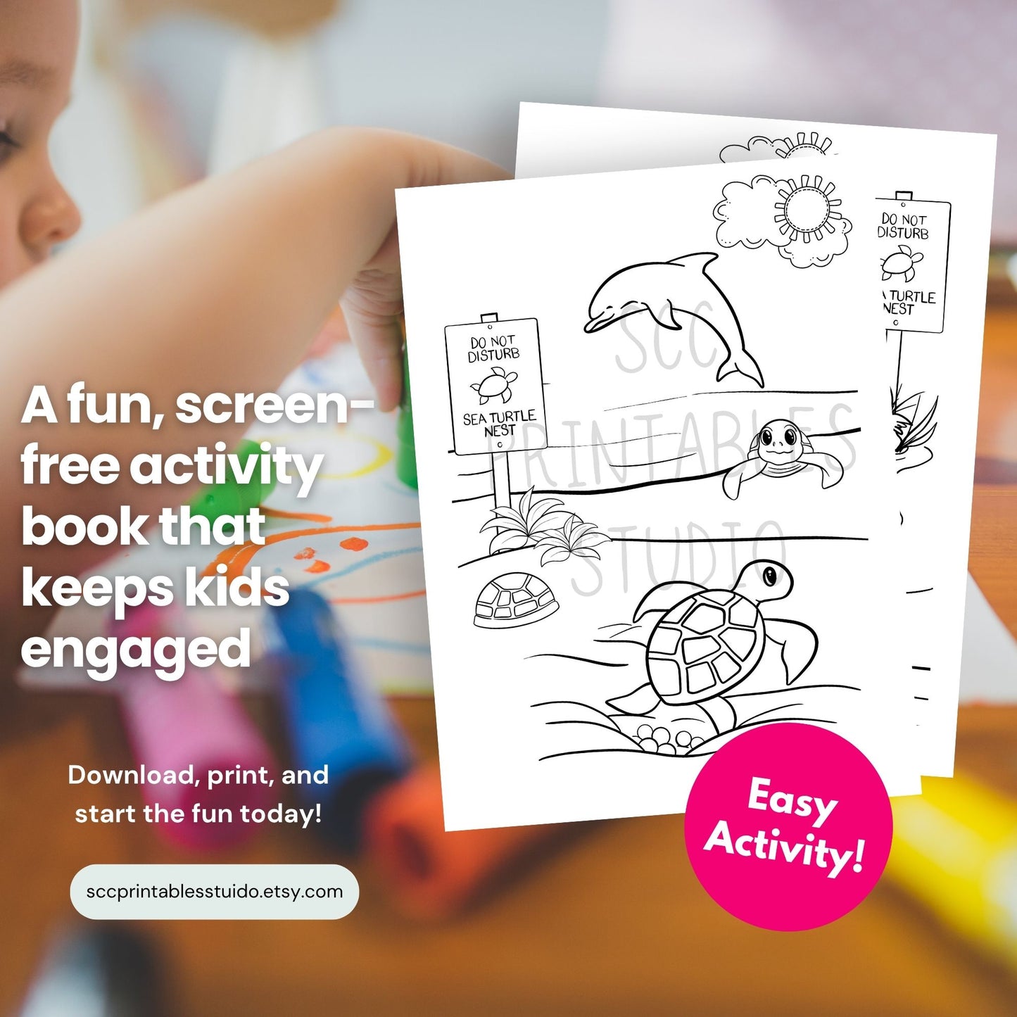 Coloring book with sea turtle and dolphin illustrations held by a child, with promotional text overlay.