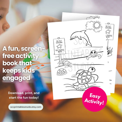 Coloring book with sea turtle and dolphin illustrations held by a child, with promotional text overlay.