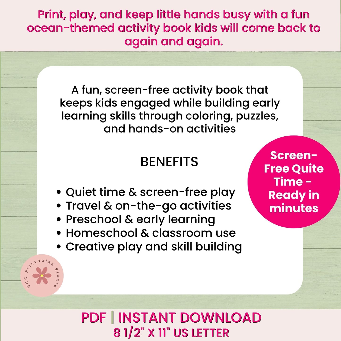 Advertisement for an ocean-themed activity book with text and a pink circle on a green background.