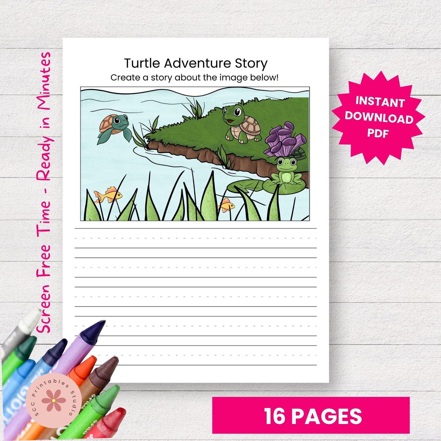 Turtle-themed writing prompt with crayons on a white background