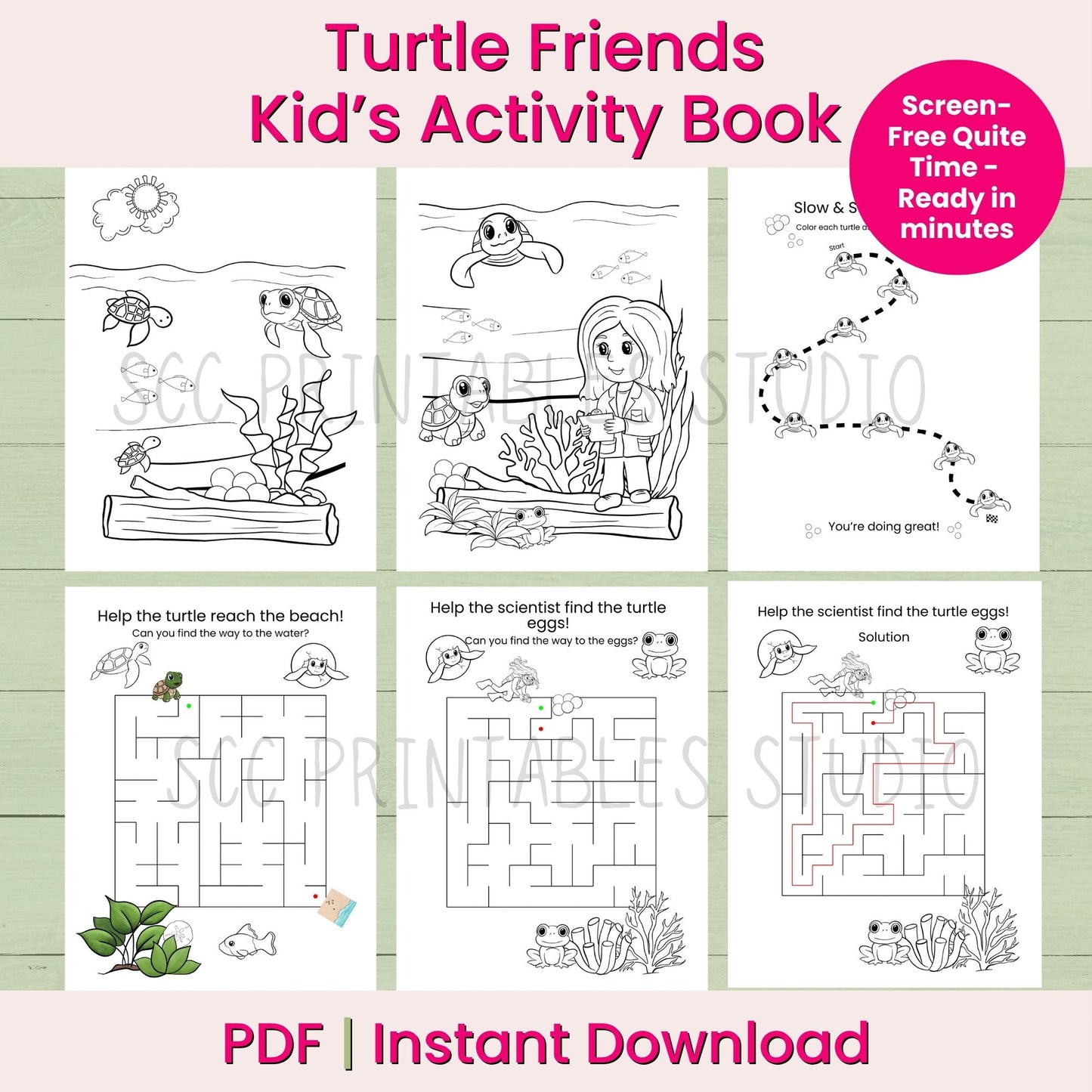 Turtle Friends Kid's Activity Book with various activities on a green background