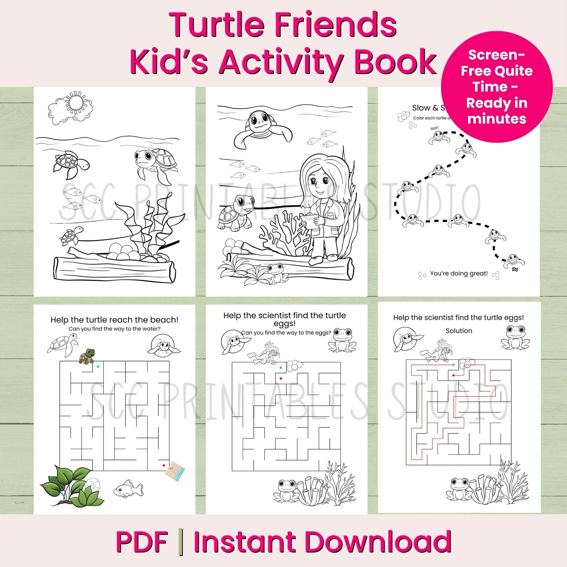 Turtle Friends Kid's Activity Book with various activities on a green background