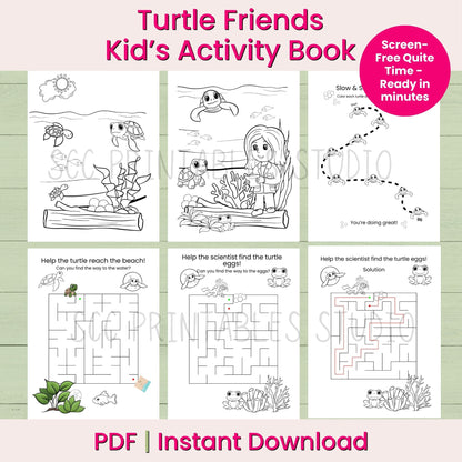 Turtle Friends Kid's Activity Book with various activities on a green background