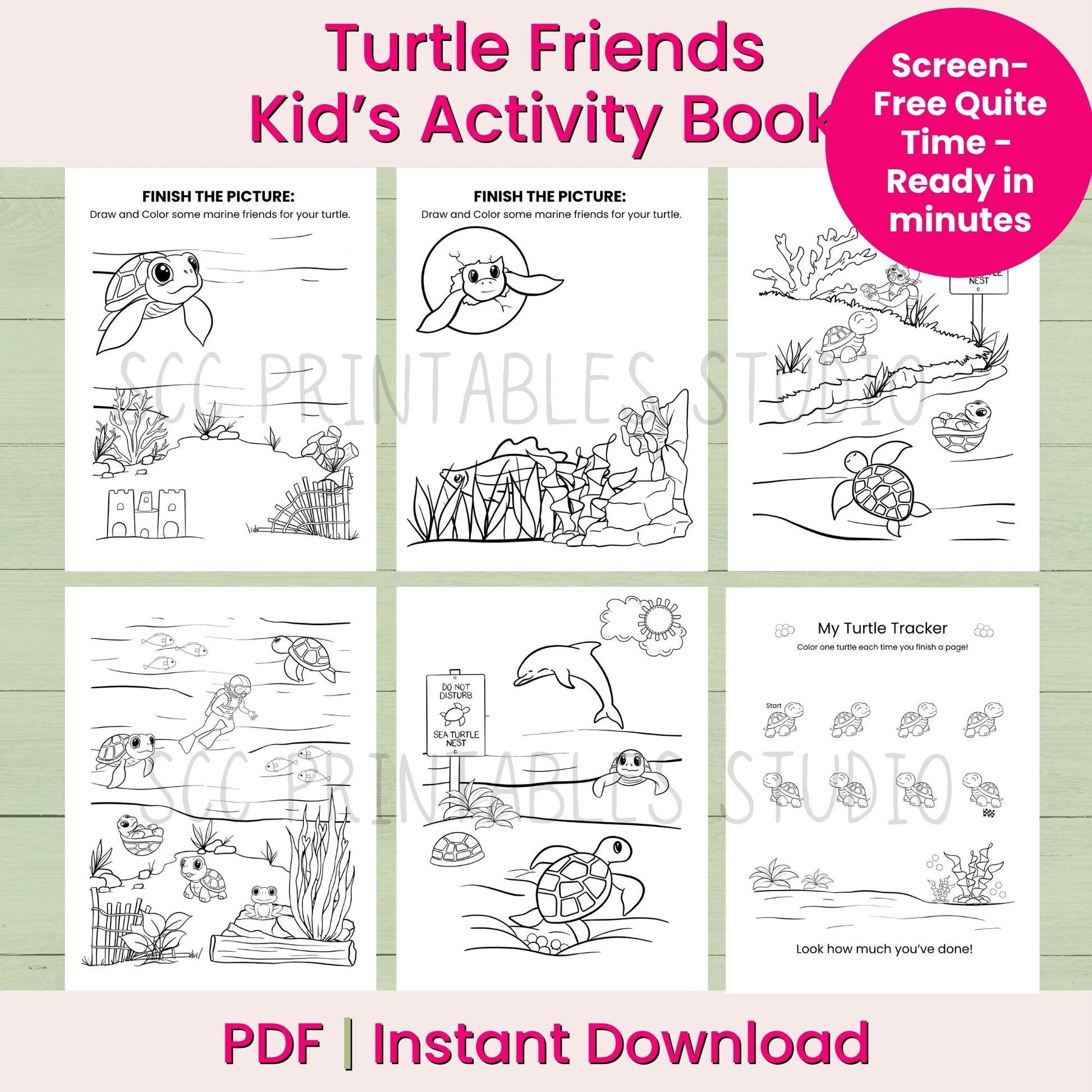 Turtle Friends Kid's Activity Book with coloring pages on a green background