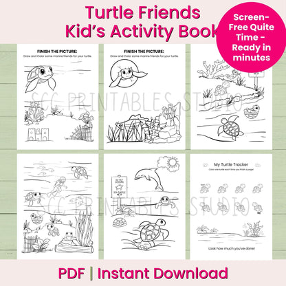 Turtle Friends Kid's Activity Book with coloring pages on a green background