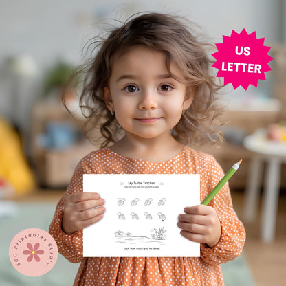 Child holding a paper with a pencil, with a 'US Letter' label in the corner.