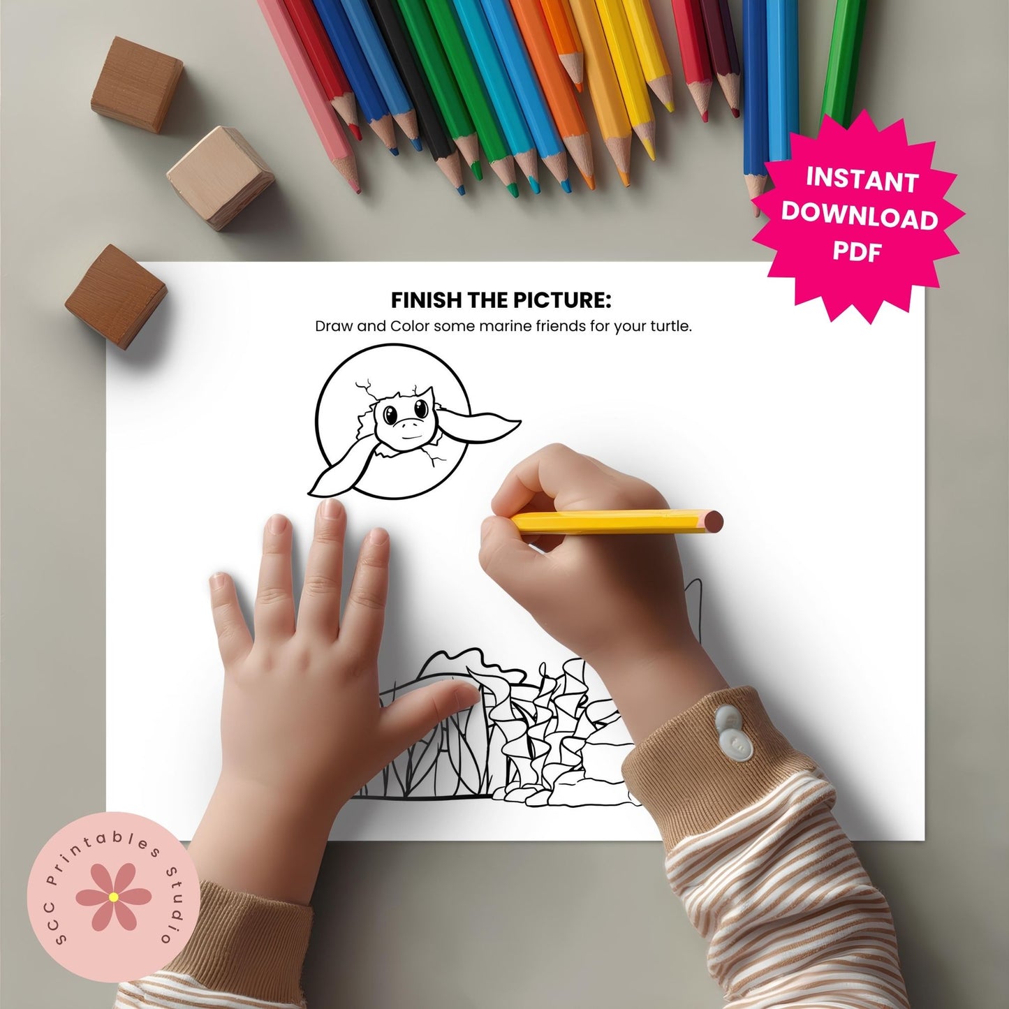 Coloring page with a turtle and crayons, labeled 'Instant Download PDF'.