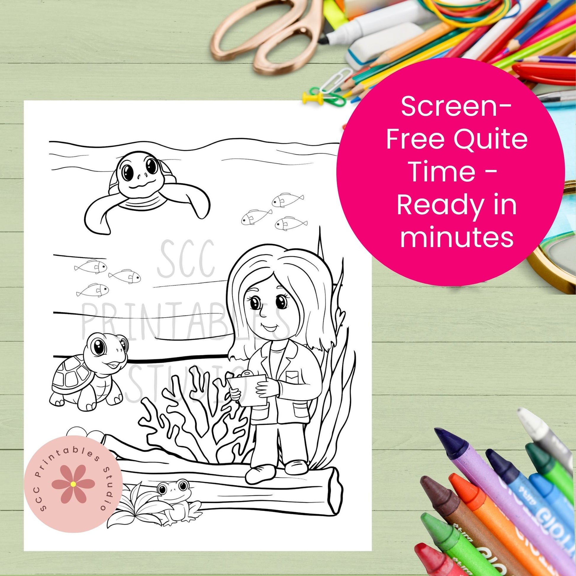 Coloring page with a marine life theme and stationery items on a green background